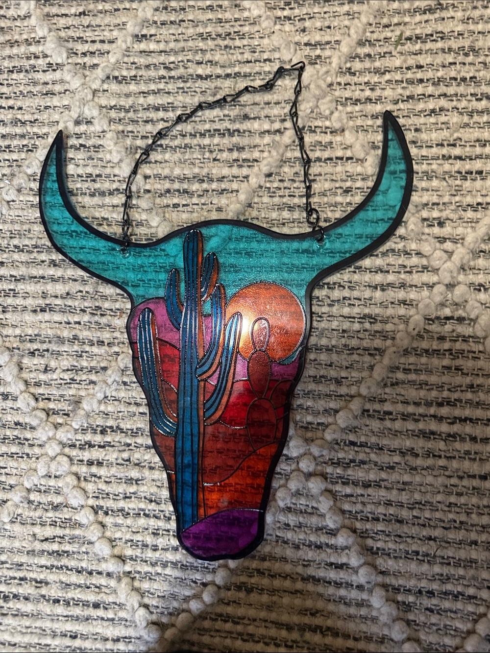 Source Unknown Turquoise & Purple Southwestern Bull Skull Wall Hanging